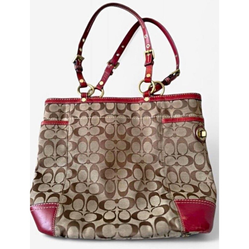 Vintage Coach Women's Brown/Red Logo Canvas Leather Shoulder Bag Gold Turn Lock